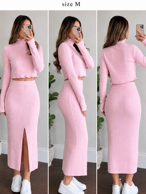 Happily Grey Pink Ribbed Knit Sweater Skirt Set 2 Piece Midi M